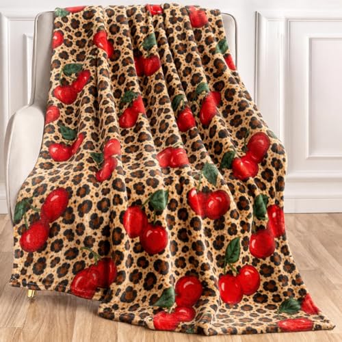 Mindsoft Cheetah Cherry Blanket 50 x 60 Flannel Leopard Blanket for Sofa Red Cherry Brown Cheetah Print Decoration Soft Gift for Women Bed Sofa Birthday Party Room Decor