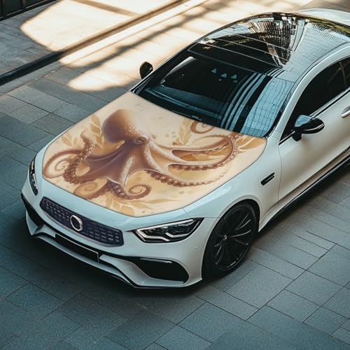 Image of Beige Octopus Car Hood Cover Stretchable Washable Automotive Exterior Accessories Classical Retro Art Octopus All-Season Protection Suitable for Most SUV Sedans
