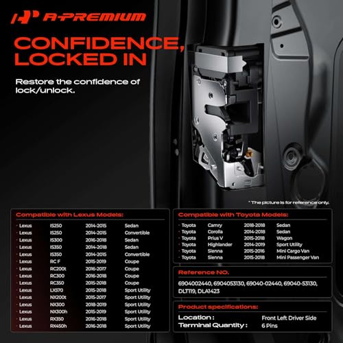 Image of A-Premium Front Left Driver Side Door Lock Actuator Compatible with Toyota Sienna, Prius V, Camry & Lexus RX350, IS300, RX450h, LX570, RC300, IS250, NX200t, NX300, IS350, RC350, NX300h, RC F, RC200t