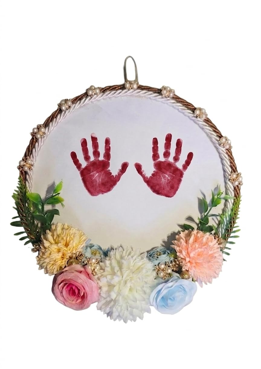Baby Handprint/Legprint- Floral Hoop Wall Art, Cotton Canvas, Pearl Beads, Multicolour, 29 cm, For new Born Baby-image-22