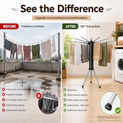 Image of Tripod Clothes Drying Rack Foldable & Rust Resistant Laundry Stand with 16 Stainless Steel Rods | Space Saving Indoor & Outdoor Dryer Stand for Clothes, Towels & Garments (Grey)