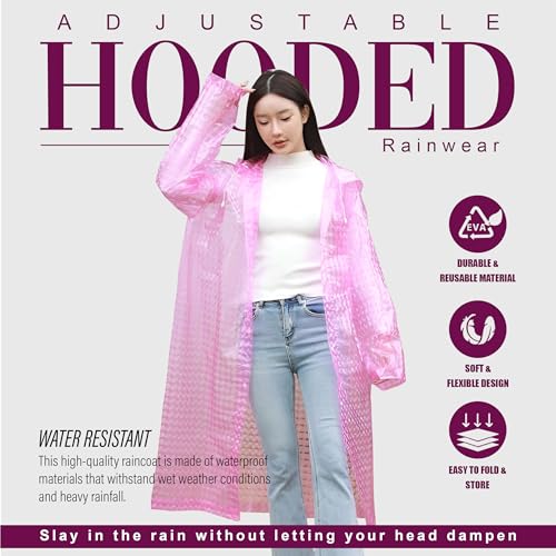Image of HACER Hooded Raincoat for Women EVA Waterproof Full Length Long Sleeves Lightweight Rainwear with Hood for Adults Camping Hiking Trekking (Pack of 1, Pink, Free Size)