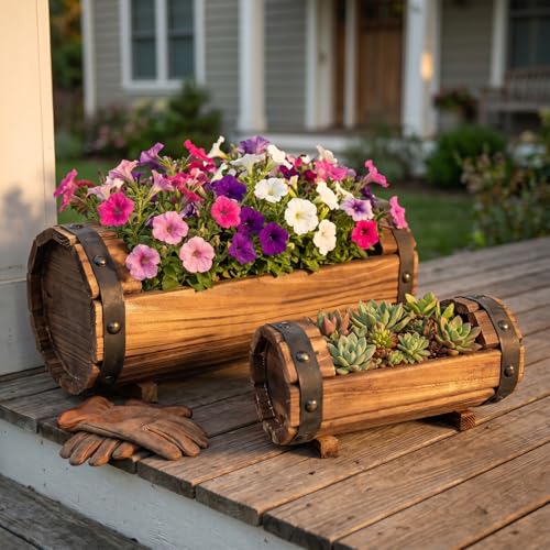 Image of DOITOOL Half Barrel Planters Outdoor, 2 Pack Rustic Solid Wood Flower Pots for Plants, Carbonized Wooden Whiskey Wine Barrel Planter Set for Garden Patio Porch Windowsill Decoration (Brown)