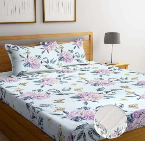 Image of NHD HOME Premium Cotton Elastic Fitted Bedsheets with 2 King Size Pillow Covers | Double Bed with All Around Elastic 220 TC Supersoft |Size-72 King Sizex78+10 inches | Floral, Pure White and Pink