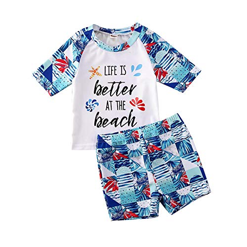 Toddler Baby Boy Two Piece Swimsuit Kids Tropical Letter Top+Hawaiian Swim Trunks Beachwear Bathing Suit Sunsuit (4-5T,Life is Better at The Beach)