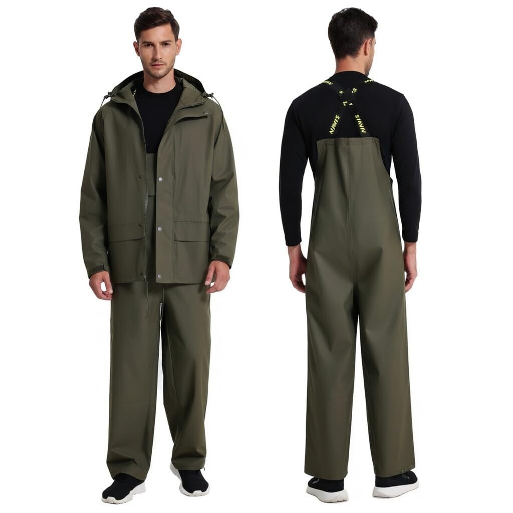 Regenanzug Herren Wasserdicht - Regenjacke & Regenlatzhose mit Abnehmbarer Kapuze, Robuste PU-Arbeitskleidung für Bau, Industrie, Angeln