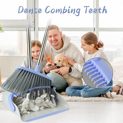 Image of Broom and Dustpan Combo Set, Long Handle and Standing Dust Pan with Comb Teeth, Efficient Floor Cleaning for Kitchen, Outdoor, Dorm, Apartment, Office Lobby (Gray Blue)