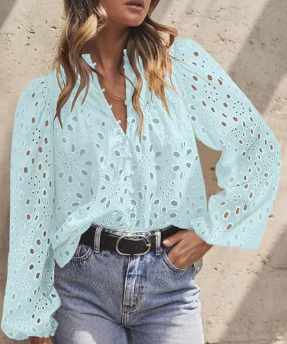 BETTE BOUTIK Women's Long Short Sleeve Tops 2025 Dressy Casual Button Hollow Out Lace Embroidered Blouses Shirts
