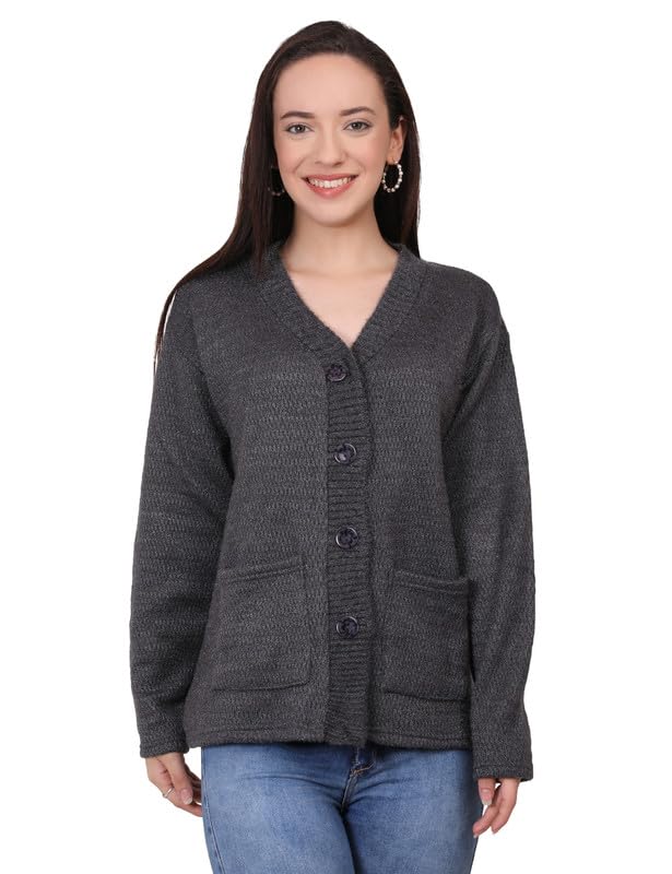 Image of MANRA Women's Woolen V-Neck Buttoned Full Sleeve Cardigan Self Design Soft Wool Fabric Winter Wear Pure Wool Sweater Fully Warm, Front Pockets Cardigan