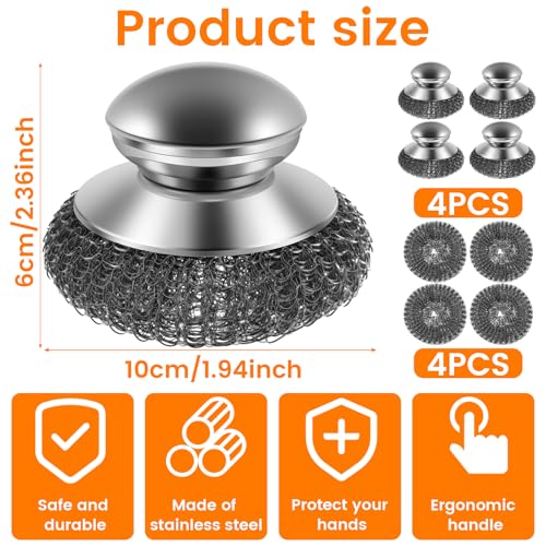 4Pcs Stainless Steel Wool Scrubber with Handle, Stainless Steel Scrubber for Dishes, Scrubbing Scouring Brush Pad for Kitchen Pots, Pans, Sink, Heavy Duty Pot Scrubbers Dish Scrubber Cleaning Brush