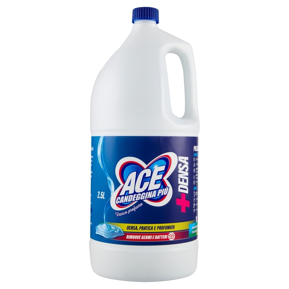 6 candeggina ACE Candeggina Più + DENSA Fresco Profumo – Detergente sbiancante per superfici e bucato 2,5 litri + portachiavi Beni Culinari gratuito