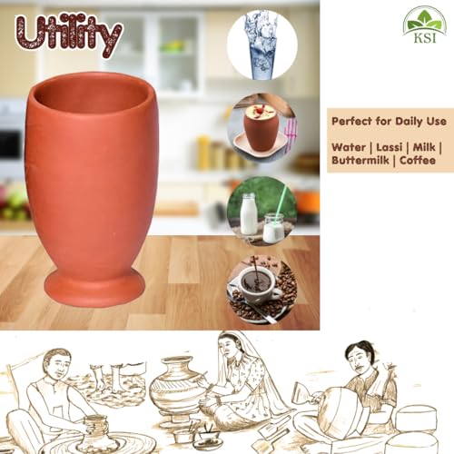 Image of KSI Earthen Clay Water Glass Set of 2 | 375 ml Mitti Drinking Glasses for Water Lassi Milk Coffee | Traditional Terracotta Drinkware | Reusable Kitchen Tableware