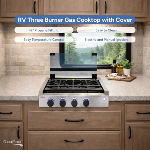 Image of RecPro 3-Burner RV Gas Cooktop | Black | Cover Included