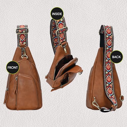 Antik Kraft Tasha Webbing Strap Sling (Tan) | Vegan Leather Crossbody Bag for Women with 16-20" Strap | Sling Bags for Women with Durable Antique Brass Hardware | 7in x 2.5in x 12.5in |2