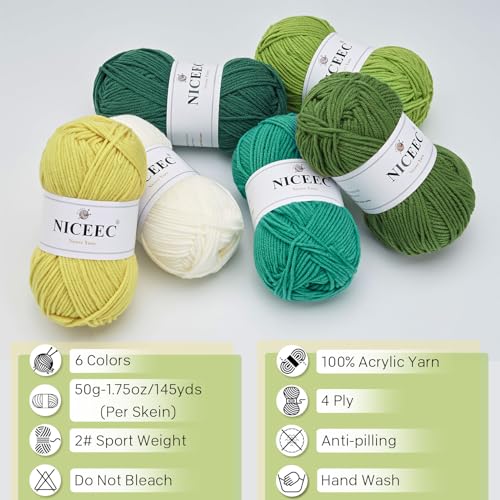 Image of NICEEC 300g Soft Assorted Colors Yarn - Sport Weight,100% Acrylic, 4 Ply, Bonbons Yarn for Crochet & Knit, DIY Project Starter Kit for Kids or Adults(Total 870yds) - Spring Green
