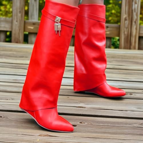 Liliana Women Fold Over Knee High Boots Wedge Heel Padlock Pull-on Boots MUTTO-12