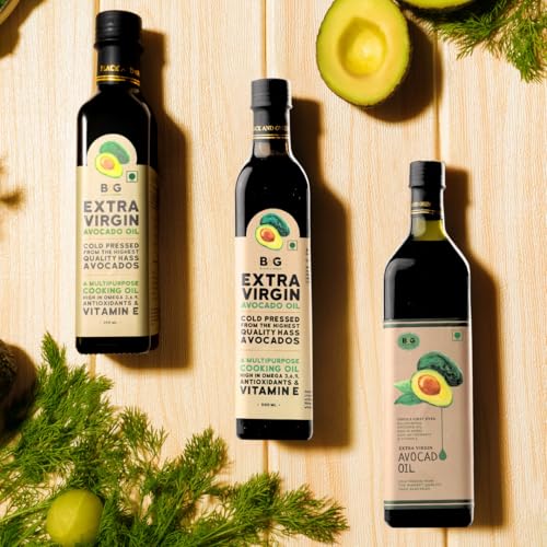 Image of Black and Green Extra Virgin Cold Press Multipurpose Avocado Cooking Oil Bottle (250 ml)