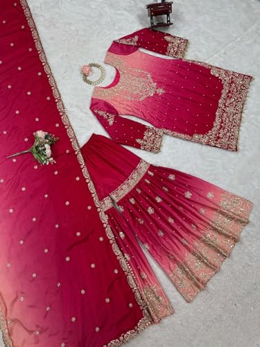 Image of Pandadi Saree Women's Chinon Silk Embroidery Kurta Sharara Set With Dupatta.