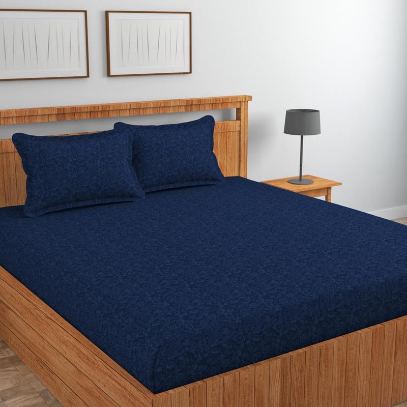 Image of Jashan Glace Cotton All Around Elastic Fitted Elegent Self Flower Print Queen Size Double Bed Bedsheet with 2 Pillow Covers Fits Upto Mattress of 10 Inches,Size - 72 x 78 x 10 Inches - Navy Blue
