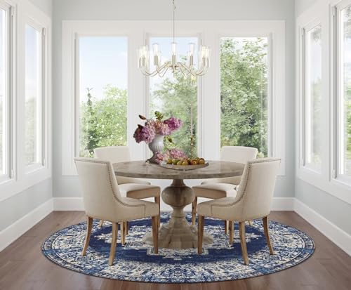 vivorug Round Rug 4ft Vintage Round Area Rug Non-Slip Indoor Carpet for Living Room Bedroom Entryway, Stain Resistant Home Decor Circle Rug, Navy Blue