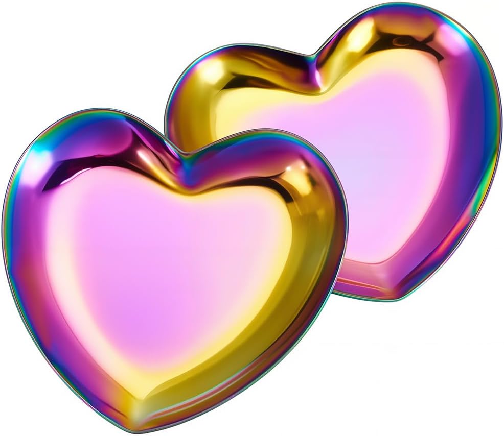 2Pcs 8.4x9in Heart Jewelry Tray Metal Iridescent Rainbow Dish | Stainless Steel Metal, Small Heart Shape Storage Plate, For Rings Earrings Necklaces Keys, Home Decoration, Dessert Display