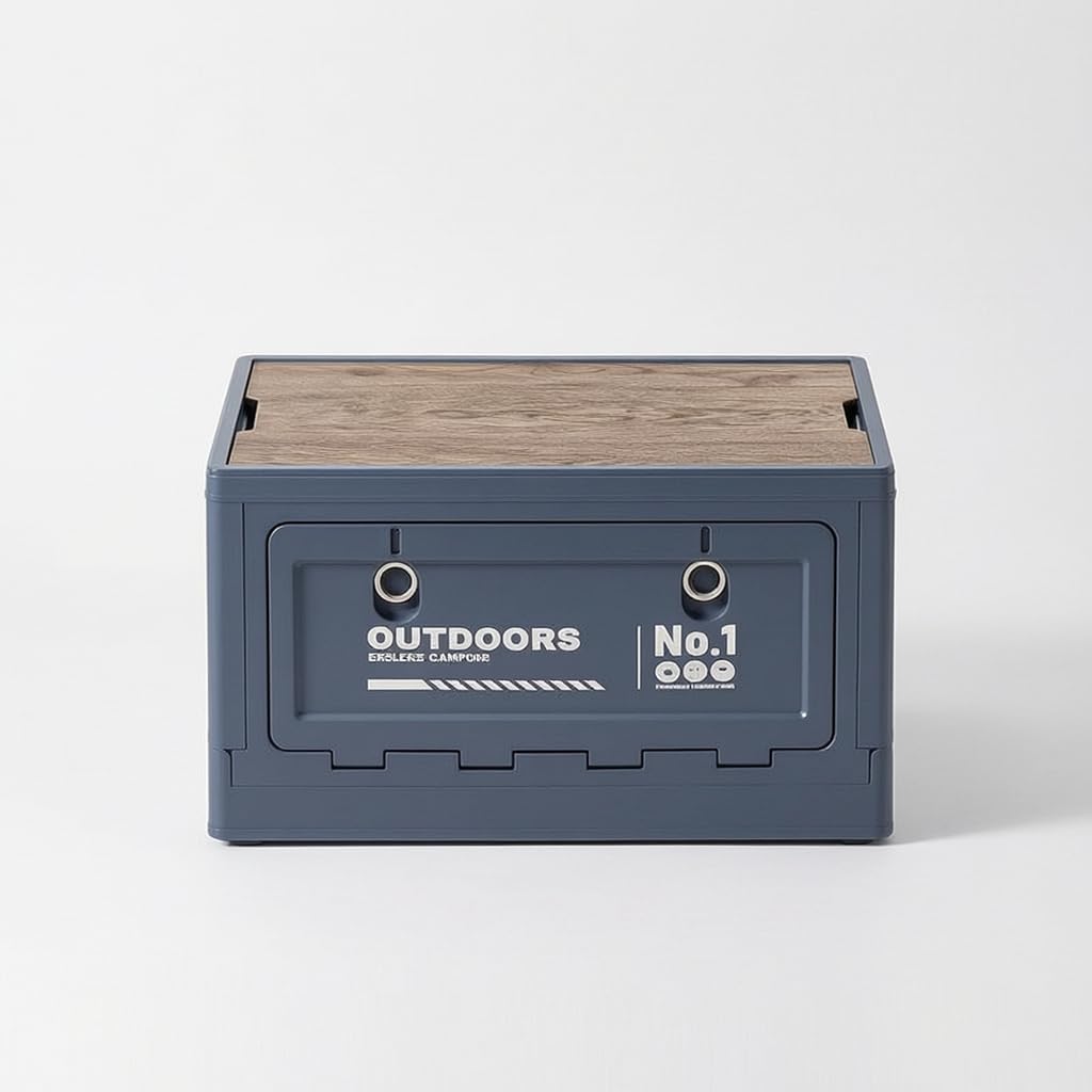 Tragbare Camping Aufbewahrungsbox mit Deckel, Koffraum Organiz für Camping Zubehör, für Gepäck, Meersalzblau, Breite 40cm, PP-Deckel + Holzplatte, 30L