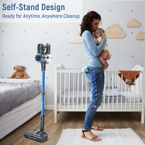 FABULETTA Cordless Vacuum Cleaner, Self-Standing Brushless Stick Vacuum for Home, 15-50Min Running Time, 5-Layer Filtration System, Anti-Tangle Brush, LED Display, Lightweight