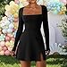 Women's Square Neck Mini Dresses Long Sleeve Side Slit Stretch Flare Dress Fashion Solid Color Night Party Dresses Black