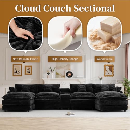 Image of 145 inch Oversized U Shaped Modular Sectional Sofa with Ottoman, Comfy Fluffy Soft Corduroy, Large Cloud Couch with USB Port, Cup Holder and Storage Central Console for Living Room, Black