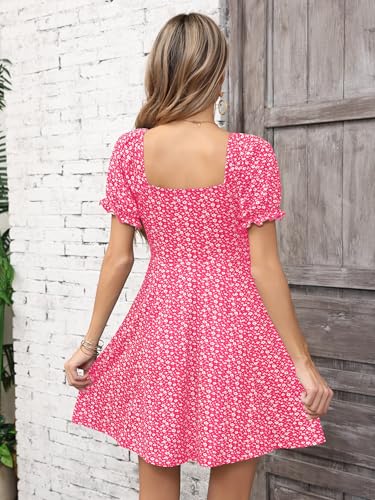 Image of Missufe Women's Puff Short Sleeve Drawstring Ruched Front Fit and Flare Floral Summer Casual Short Dress