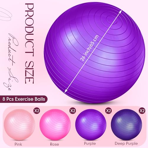 Image of Leyndo 8 Pcs 26 Inch Yoga Exercise Ball Pilates Pregnancy Birthing Fitness Ball with Quick Pump Anti Burst for Improved Posture Balance Yoga Pilates Training