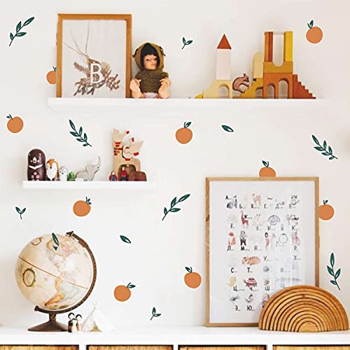 IKEYU Tangerines Green Leaves Wall Decals Boho Wall Decal Stickers Fruit Orange Wall Decal Kitchen Plant Leaf Wall Stickers for Nursery Bedroom Bathroom Kids Room Decor