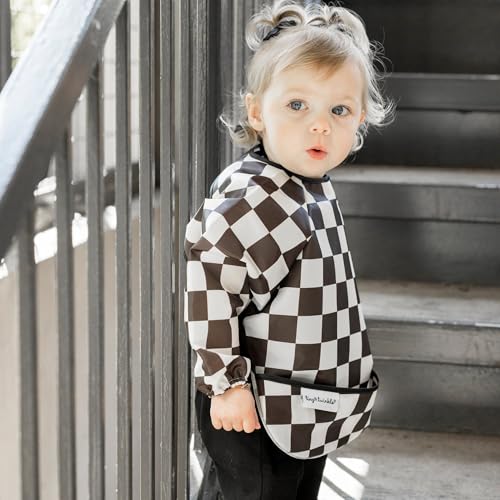 Image of Tiny Twinkle Long Sleeve Bib for Babies & Toddlers | Waterproof Smock Bib for Eating | Machine Washable & Mess-Proof Feeding Essentials | Newborn Shower Gift (Checkers Black, 6-24M)