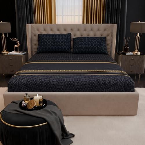 Image of Stoa Paris 100% Bamboo Cotton King Size Fitted Bedsheet with 2 Pillow Covers, 200TC Printed Bed Set, Breathable, All-Season Comfort, Home Decor, Imperial Grandeur -Obsidian Suite(182cmx198cm+30cm)