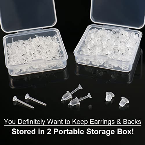 Image of Clear Plastic Earring Set - 200pcs Hypoallergenic Studs + 200pcs Earring Backs - 18G Retainers for Sports, Surgery, Work & Sleeping - Comes in a Transparent 2-Compartment Storage Box