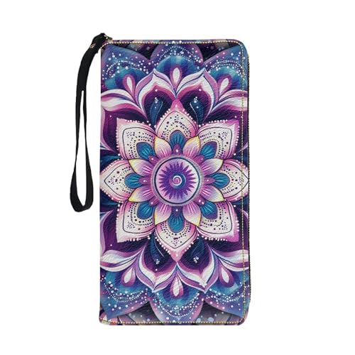 Image of Bulopur Boho Mandala Womens Wallet Wristlet PU Leather Purple Floral Clutch Purses for Ladies Waterproof Phone Holder Zip Around