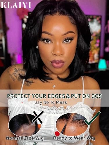 Image of KLAIYI Bye Bye Slip Layer Cut Yaki Straight Bye Bye Knots Bob Wig Human Hair Glueless Drawstring Precut 7x5 Lace Front Wigs Pre Plucked Bleached Ready to Wear and Go Beginners Wig 180% Density 12Inch