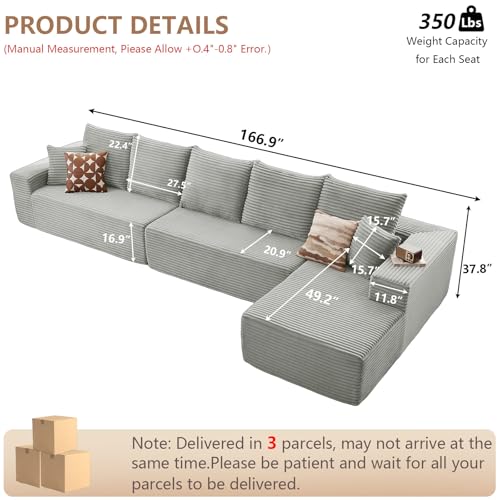 Image of Oversized Modular Sectional Sofa Couch, Large 5 Seater Corner Sofa Modern L Shaped Sectional Couch Cloud Couches for Living Room, Office, Spacious Space, Corduroy, No Assembly Required, Light Grey