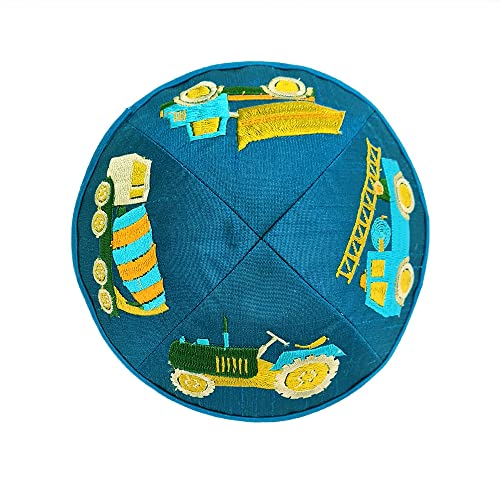 EMANUEL Yair Kippah for Boys Kids Embroidered Trucks Children Yarmulke Blue2