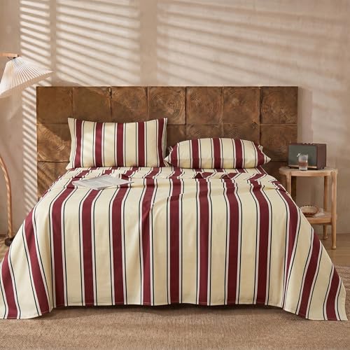 Image of Merryword 100% Cotton Sheet Set Queen Size - Burgundy & Cream Striped Bedding, Soft Breathable Percale Weave, Deep Pocket Fitted Sheet 17.5 inch, Luxury & Silky Soft Sheet Set for All Seasons