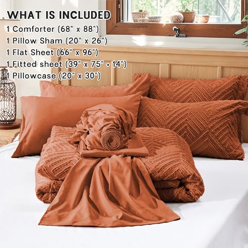 Image of Zzlpp Twin Comforter Set 5 Pieces, Burnt Orange Tufted Bed in a Bag with Comforter and Sheets, All Season Boho Bedding Sets with 1 Comforter, 1 Pillow Sham, 1 Pillowcase, 1 Flat Sheet, 1 Fitted Sheet