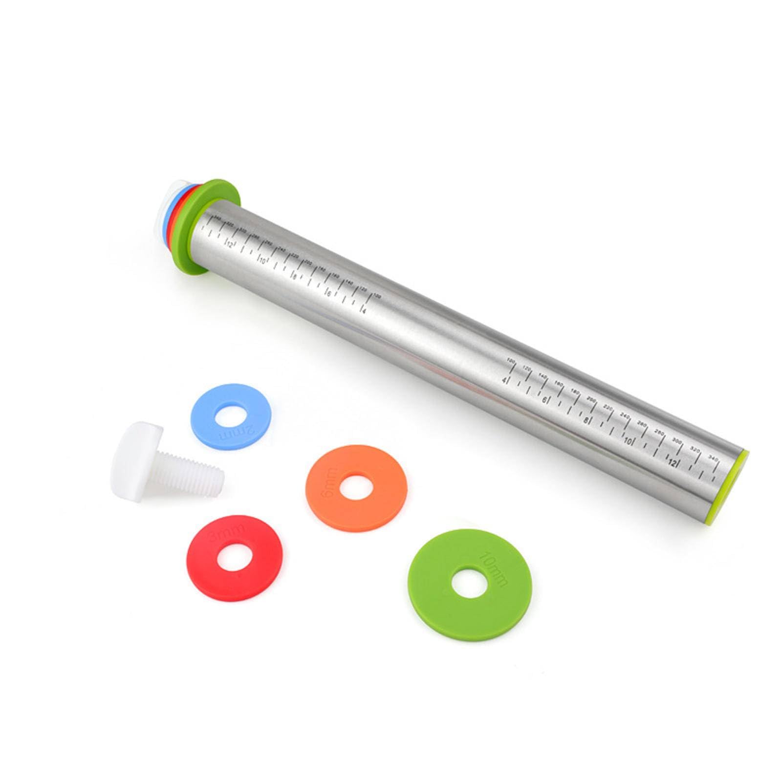 Super Kitchen Mattarello Regolabile in Acciaio Inox Antiaderente, con 5 misure di Anello in Silicone Rimovibile, Accessori da Forno, per Pizza, Biscotti, Pasticceria, Pasta, Fondente (35cm, Argento