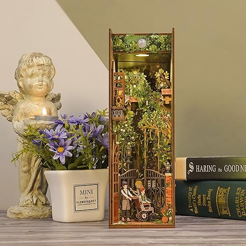 Image of Tonecheer DIY Book Nook Kit for Adults, 3D Wooden Puzzle Bookend Bookshelf Insert Decor, Booknook Miniature House Kit with Body Motion Sensor LED Light (The Secret Garden)