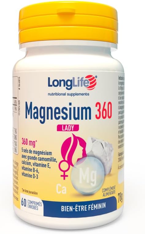 LongLife Magnesium 360 Lady | Menstrual Disorders & Menopause | 5 High Bioavailability Magnesium Salts | Feverfever Chamomile Extract, Calcium, Vitamins E, B6 & D3 | Gluten Free