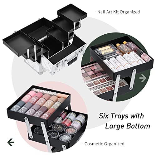 Frenessa Makeup Train Case Marble Leather Cosmetic Organizer Case 12 Inch Large Makeup Box 6 Trays Makeup Storage Organizer For Makeup Artist, Nail Tech Students, Craft Tools Travel Makeup Case Marble #TOP2