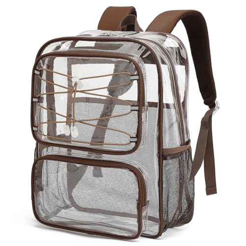 Clear Backpack for Girls Women, Heavy Duty Transparent School Backpacks See Through PVC Bookbag for College Work Security Travel (Coffee)