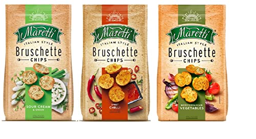 Maretti Oven Baked Bruschette Chips Variety Pack Sweet Chilli, Mediterranean Vegetables, Sour Cream & Onion, Each 70g Pack Of 3