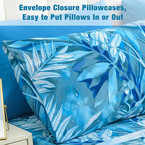 Image of JSD Blue Tropical Leaves Print Sheet Set Full Deep Pocket | 4 Piece Soft Botanical Microfiber Sheets, OEKO-TEX Certified, Easy Care