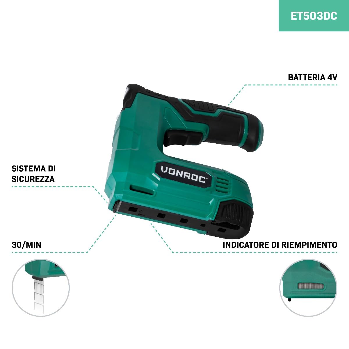 Graffatrice e chiodatrice a batteria VONROC - 900 graffe e 300 chiodi - Ideale per fissare tappeti, fili, battiscopa, rivestimenti di mobili in tessuto o pelle - Graffatrice a batteria da 4V