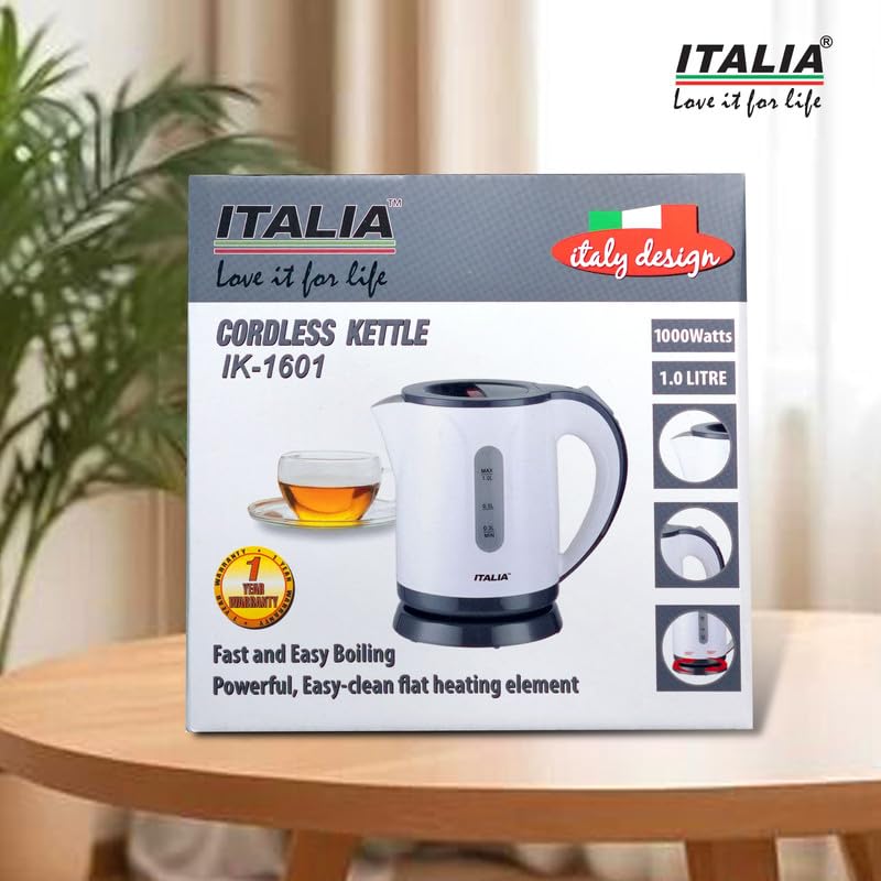Image of ITALIA 1 Litre 1000W Electric Kettle | Cool Touch Body, Auto Shut-Off & Boil-Dry Protection | 360 Cordless Jug for Tea & Coffee | Water Boiler